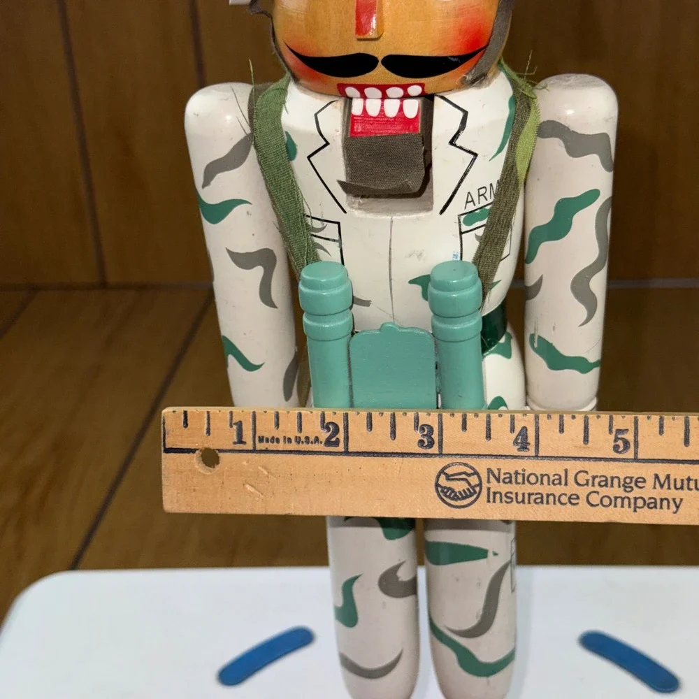 Vintage Wooden Army Soldier Nutcracker Desert Camo Military Decor 14.5 Inch